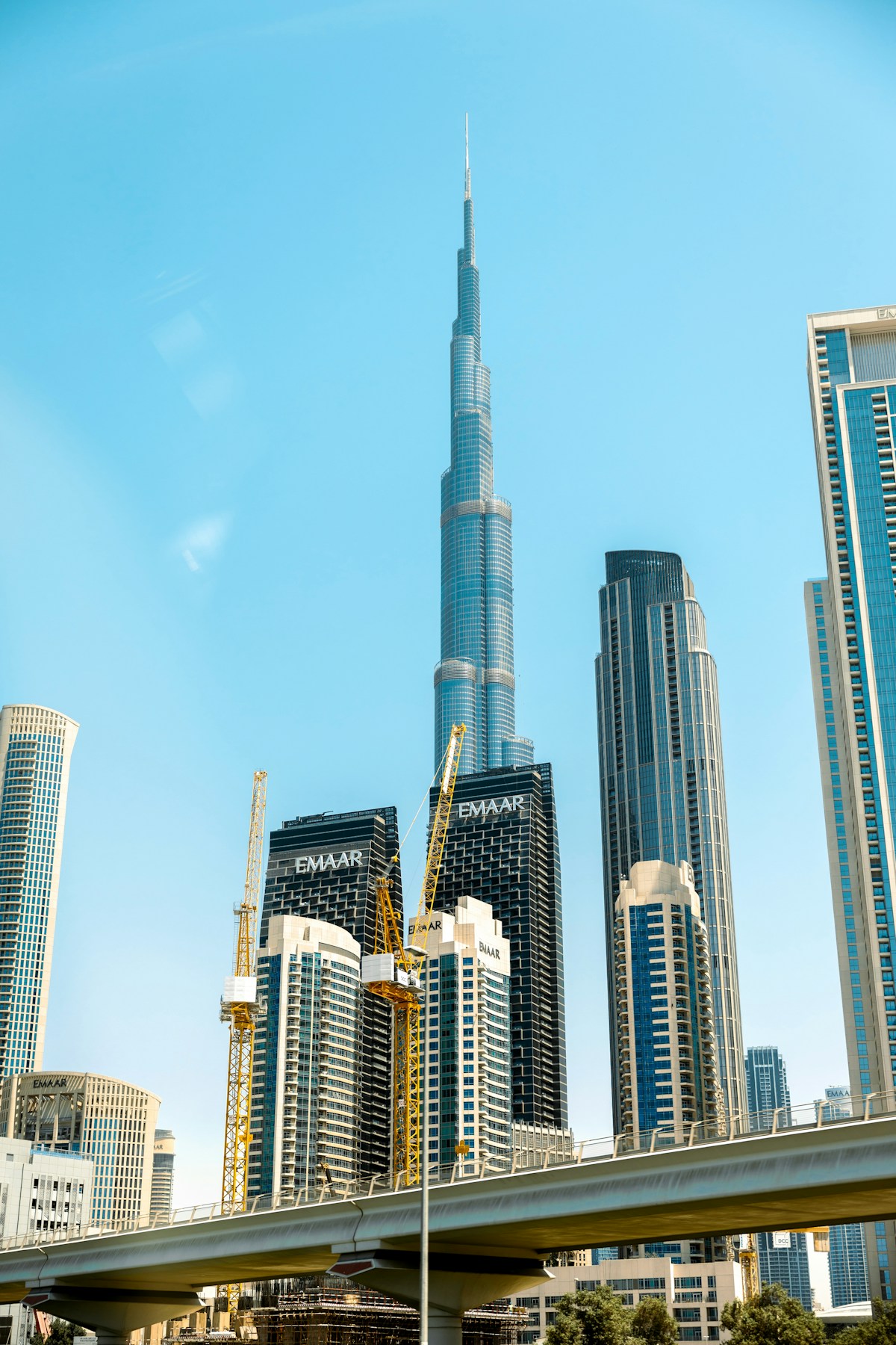 Panoramic view of Dubai skyline with Burj Khalifa and city towers UAE
