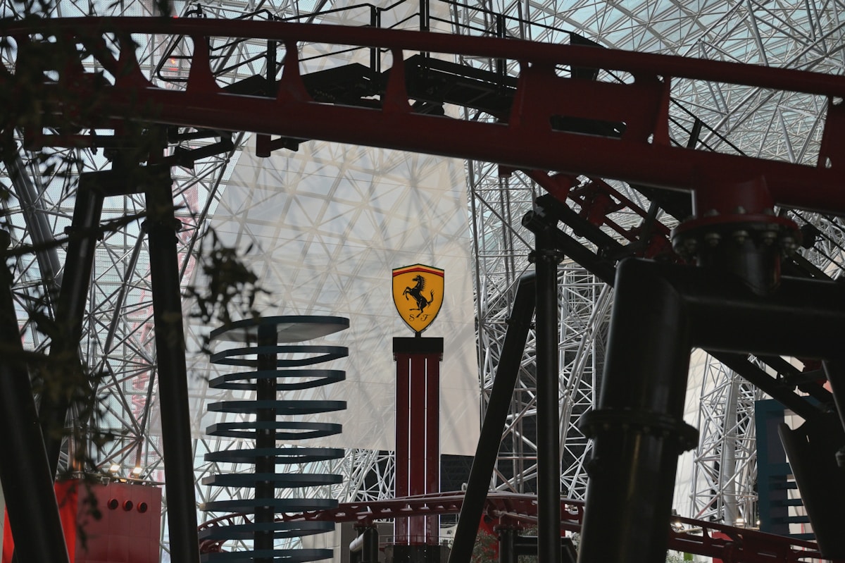 Ferrari logo on a roller coaster structure at Ferrari World Yas Island, Abu Dhabi UAE