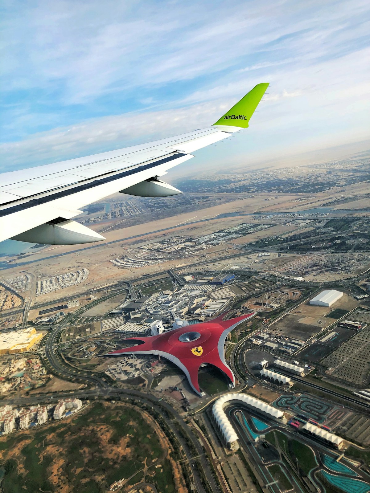 Aerial view of Ferrari World Abu Dhabi on Yas Island UAE