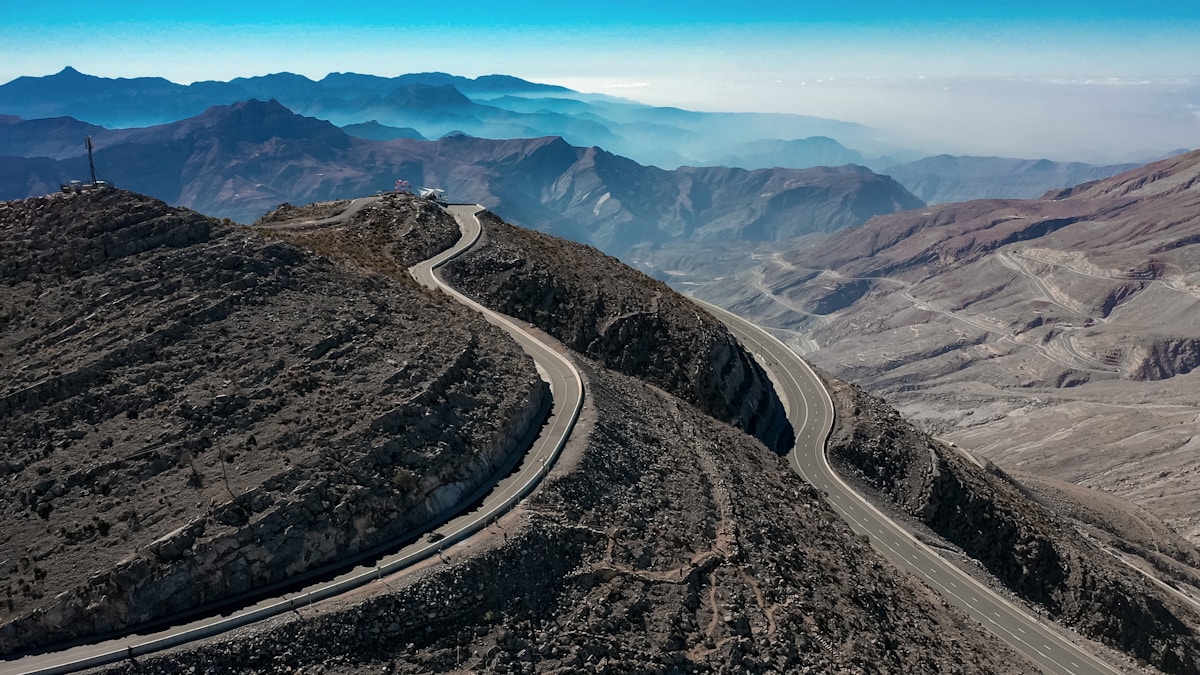 Hajar Mountains and Wadi Shawka with dramatic rocky peaks in Ras Al Khaimah