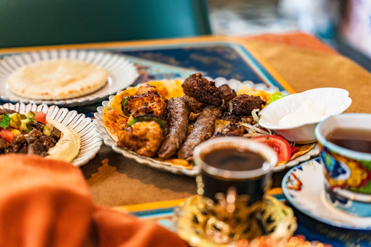 Grilled meat platter with rice and flatbread, Middle Eastern food Abu Dhabi UAE