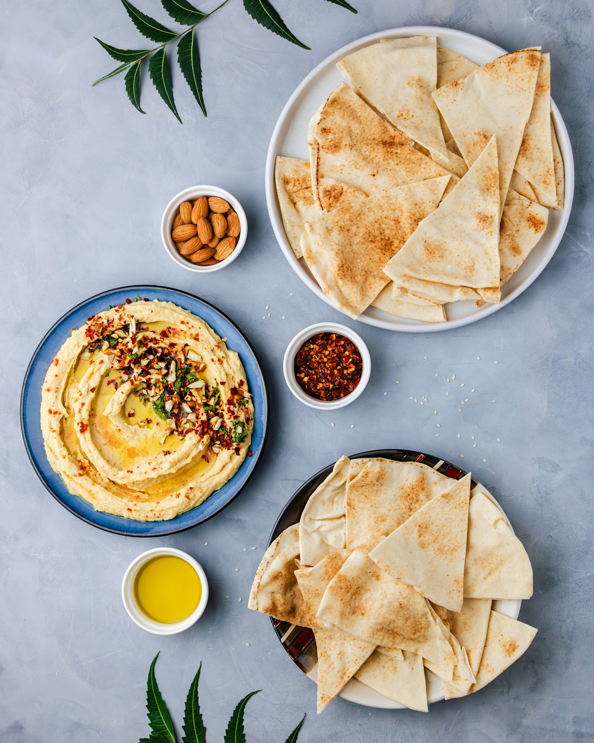 Plate of hummus and pita bread, Arabic food Dubai UAE