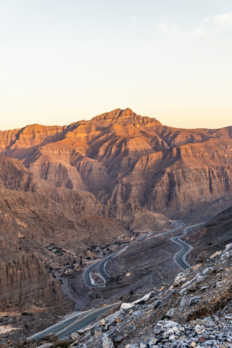 Winding road ascending Jebel Jais mountain in Ras Al Khaimah, UAE