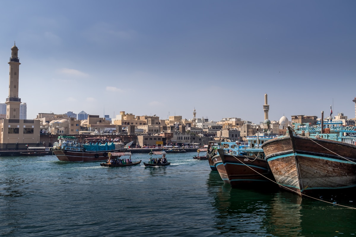 Group of boats on a waterway in Dubai UAE