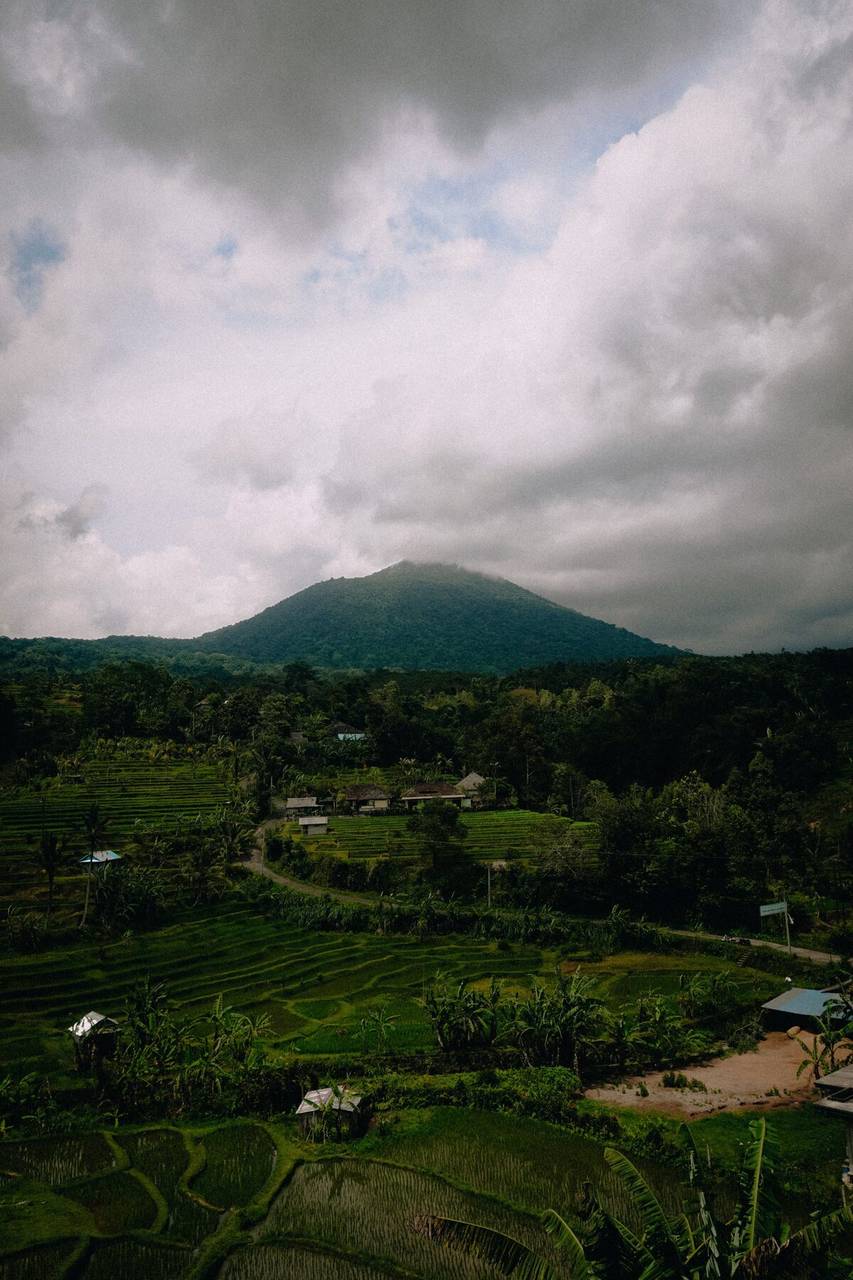 Lush rice terraces and volcanic mountain landscape in Bali, Indonesia