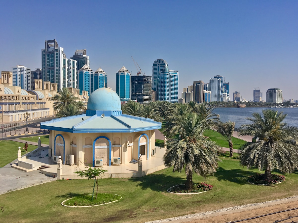 Sharjah city skyline with high-rise buildings overlooking the Arabian Sea, UAE