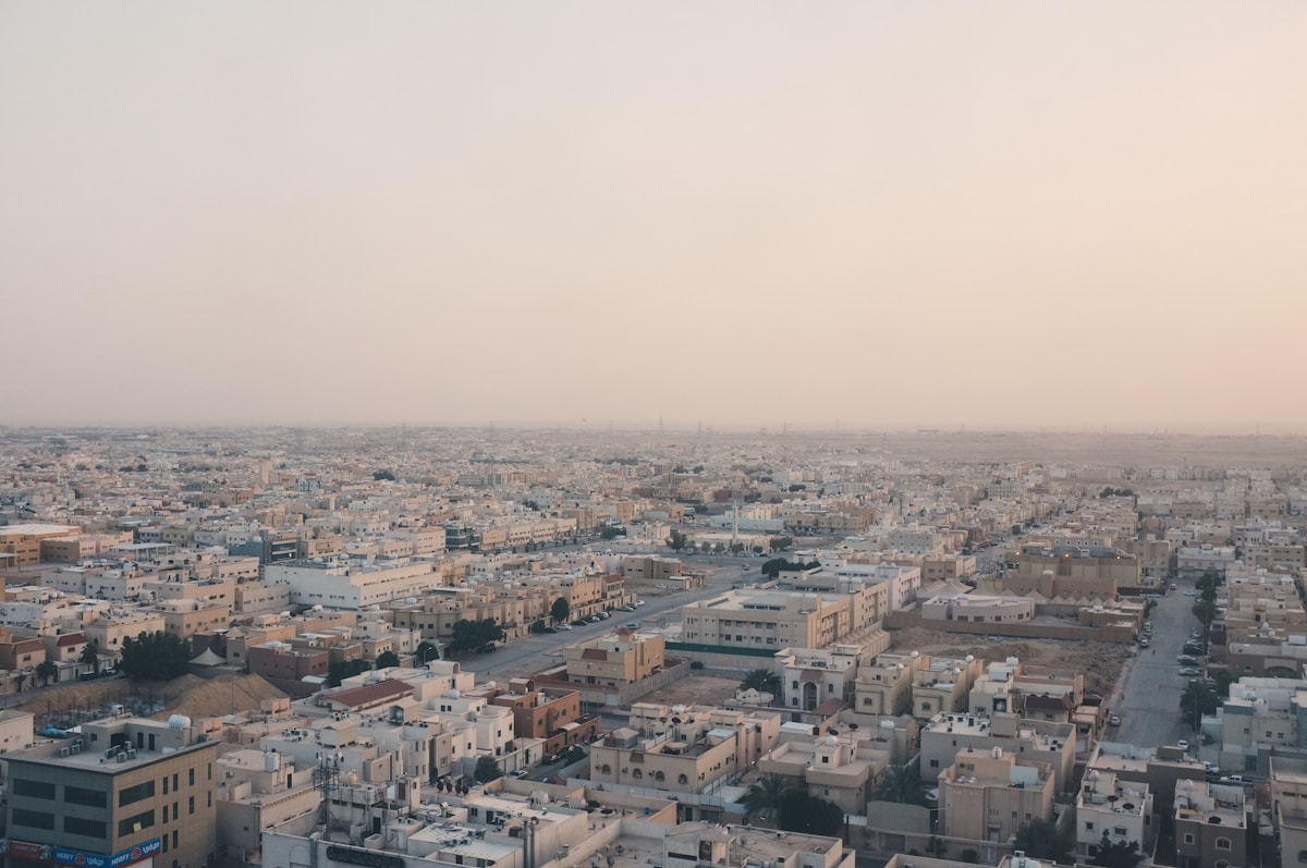 Aerial bird's-eye view of Riyadh modern city skyline, Saudi Arabia