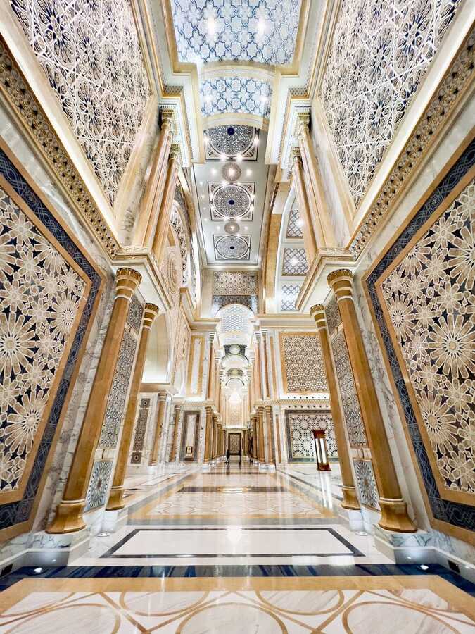 Marble hall with gold and geometric patterns at Qasr Al Watan, Abu Dhabi