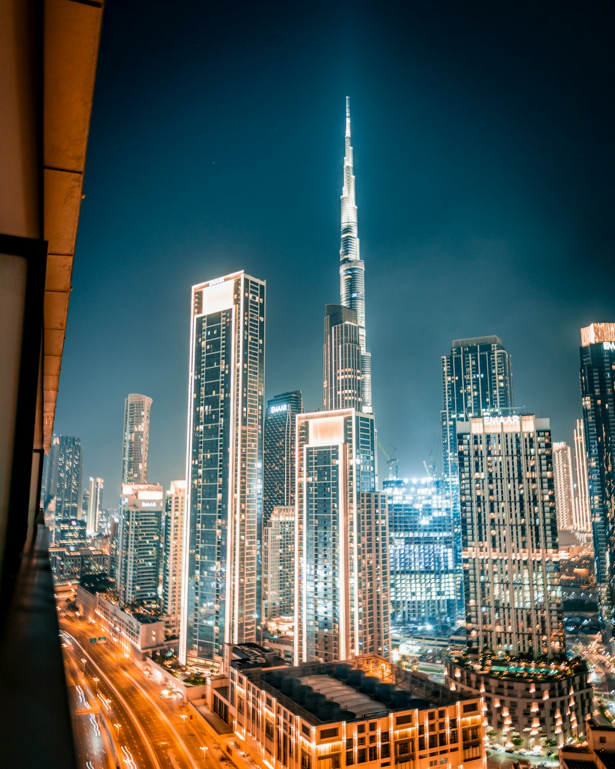 Dubai skyline brilliantly illuminated at night with Burj Khalifa UAE
