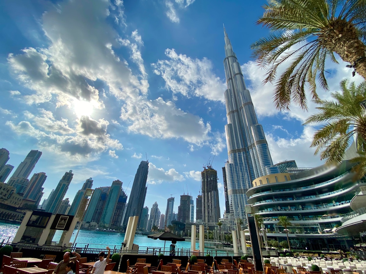 Burj Khalifa towers over Dubai skyline panoramic view April UAE