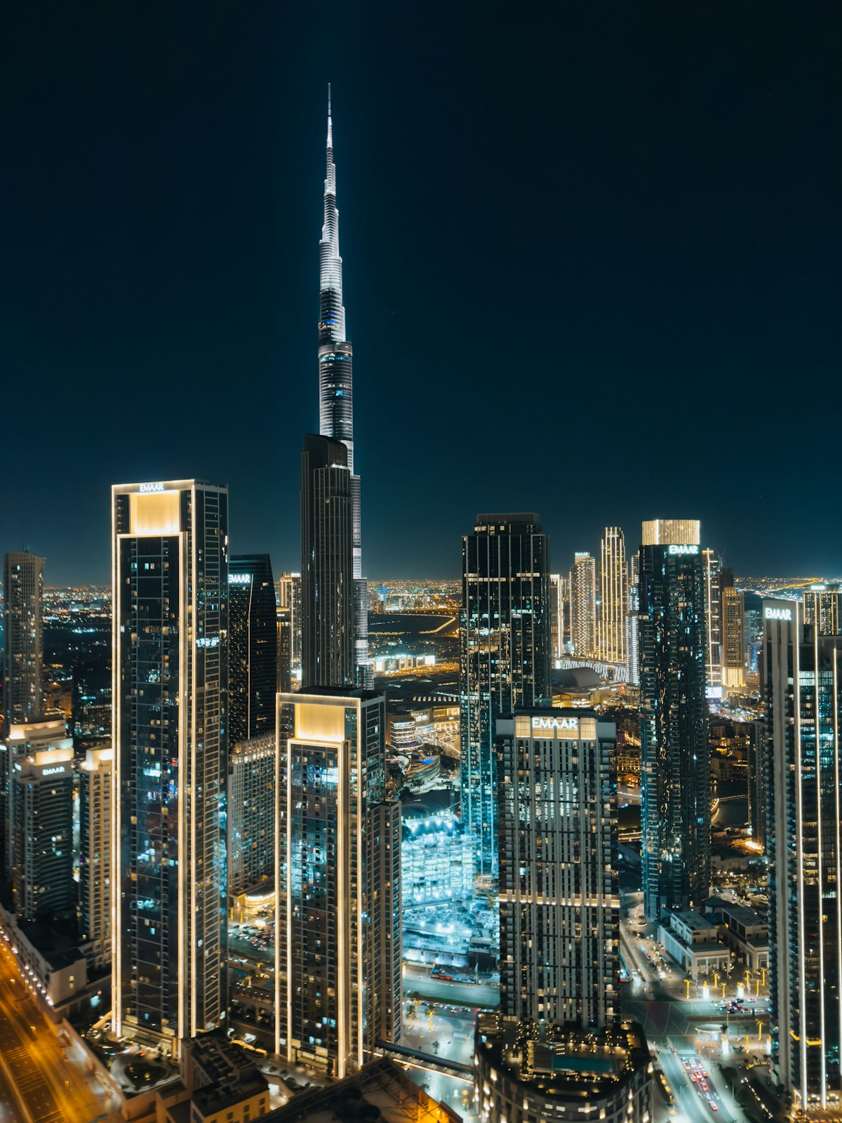 Dubai city at night with illuminated skyline UAE February