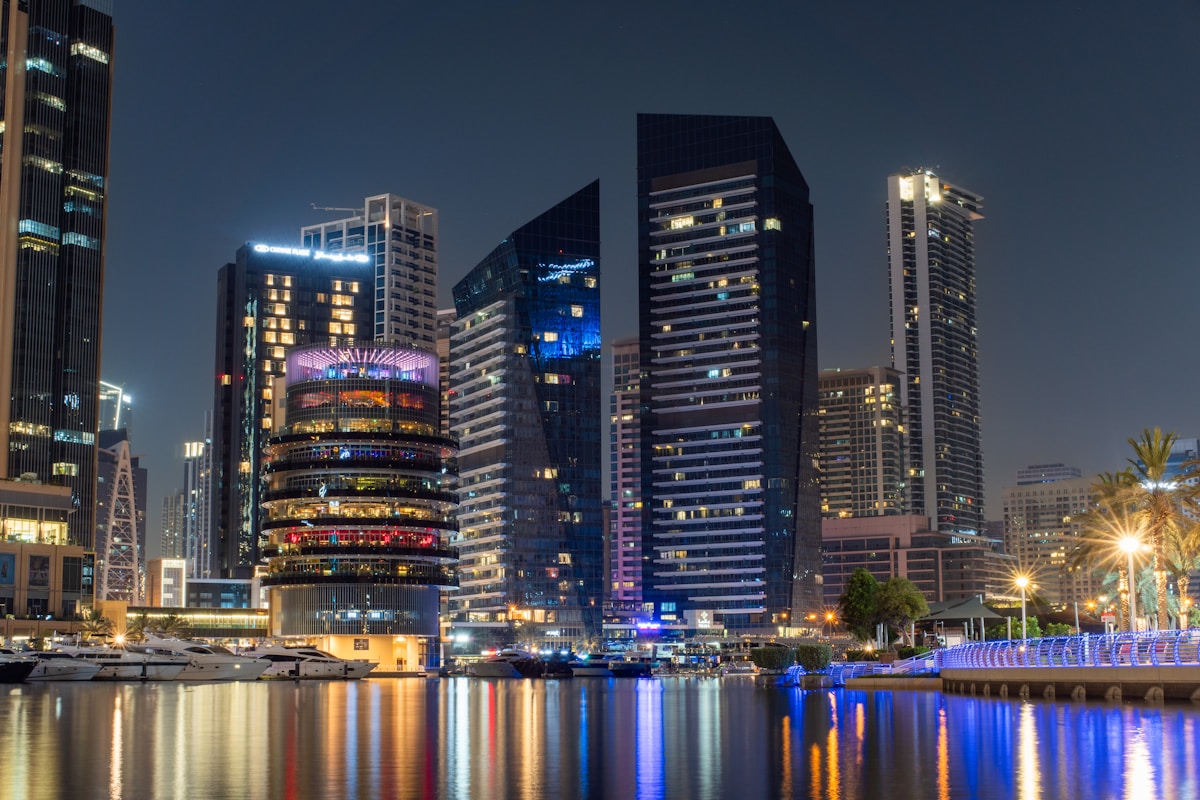 Dubai's illuminated skyline at night UAE March