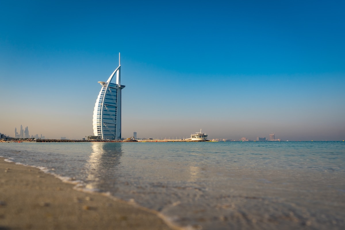 Burj Al Arab luxury hotel photographed from the beach, Dubai UAE