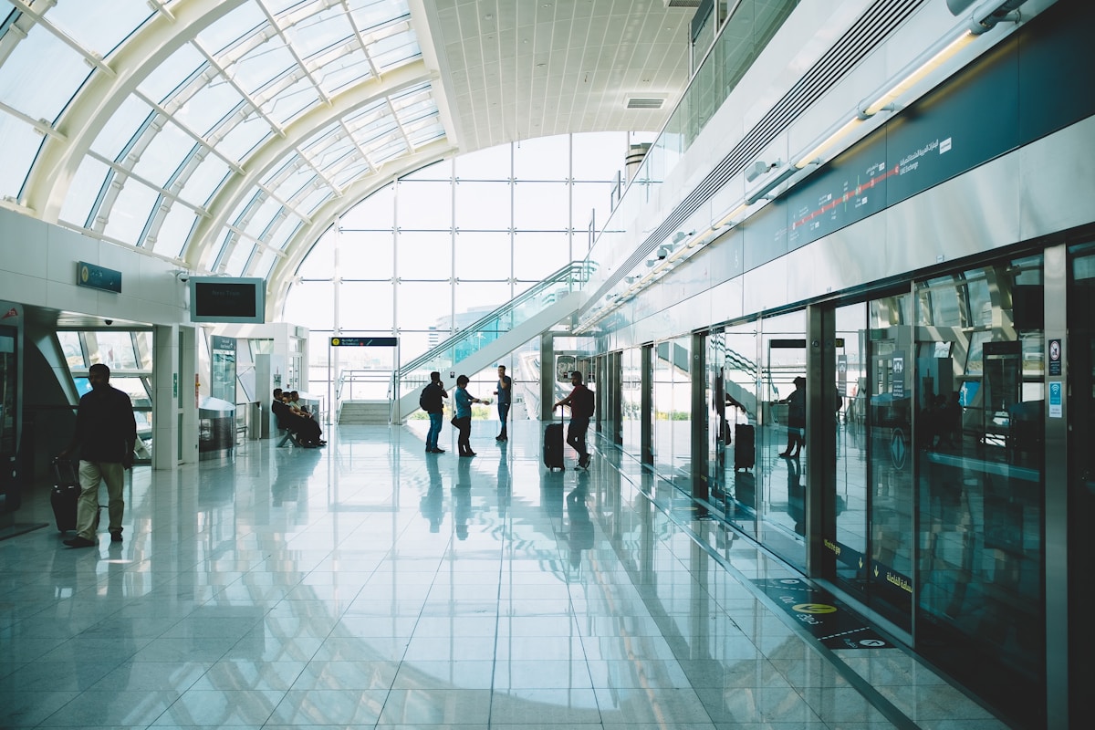 Dubai International Airport interior with glass ceiling and light