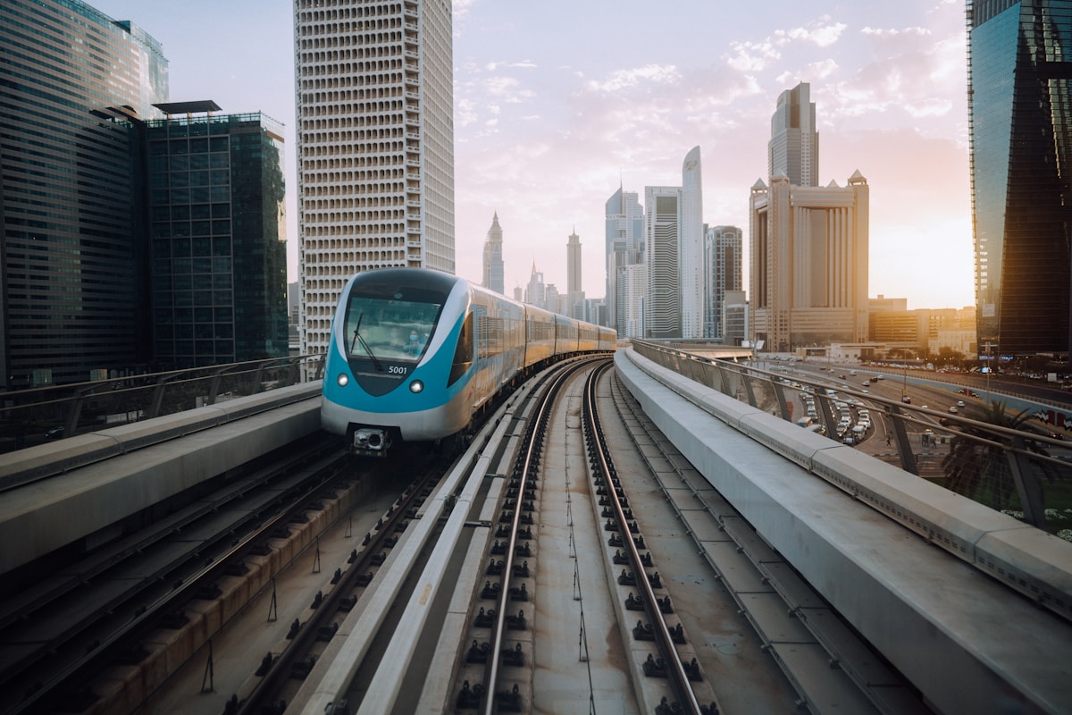 Dubai Metro elevated train on rail, modern public transport UAE